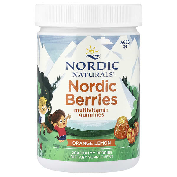 Nordic Naturals, Nordic Berries, Multivitamin Gummies, Ages 3+, Orange Lemon, 200 Gummy Berries