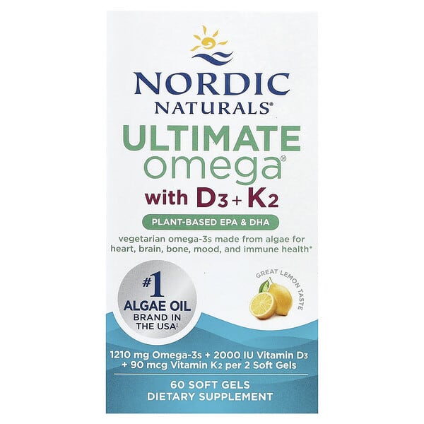 Nordic Naturals, Ultimate Omega®, Plant-Based With D3 + K2, Lemon, 60 Soft Gels