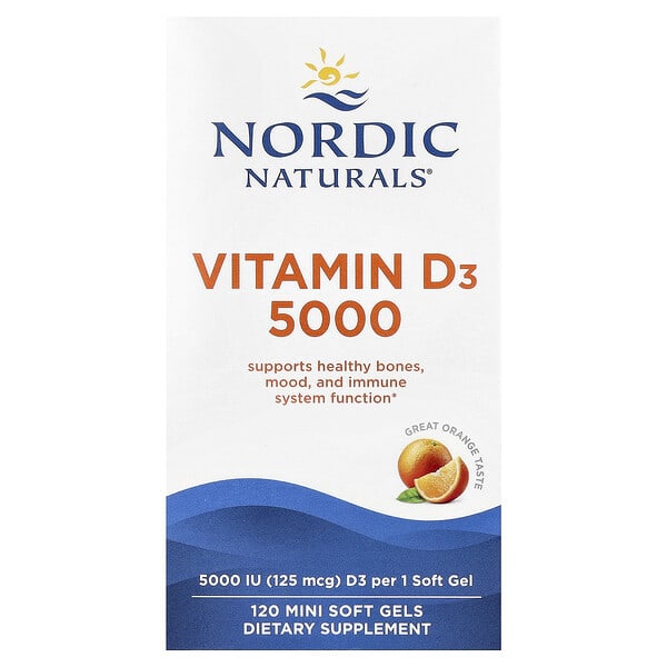 Nordic Naturals, Vitamin D3 5000, Orange, 125 mcg (5,000 IU), 120 Mini Soft Gels