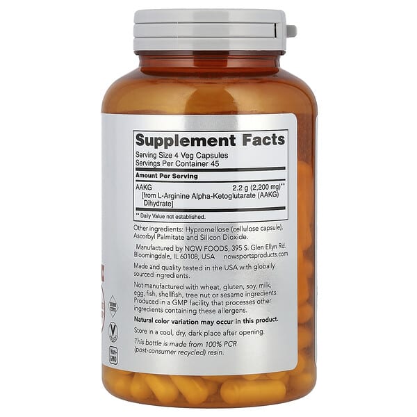 Alternative view of NOW Foods, AAKG 2200, 180 Veg Capsules (550 mg per Capsule)