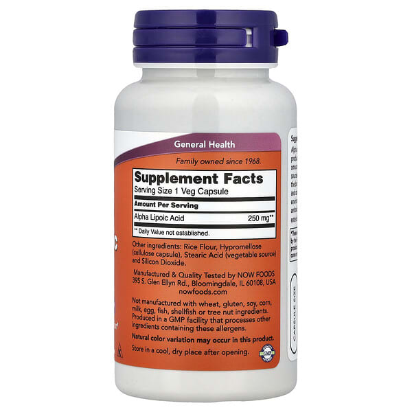 Alternative view of NOW Foods, Alpha Lipoic Acid, 250 mg, 60 Veg Capsules