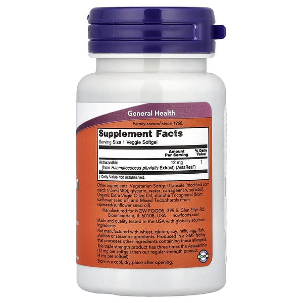 Alternative view of NOW Foods, Astaxanthin, 12 mg, 60 Veggie Softgels