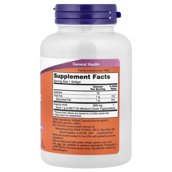 Alternative view of NOW Foods, Caprylic Acid, 600 mg, 100 Softgels