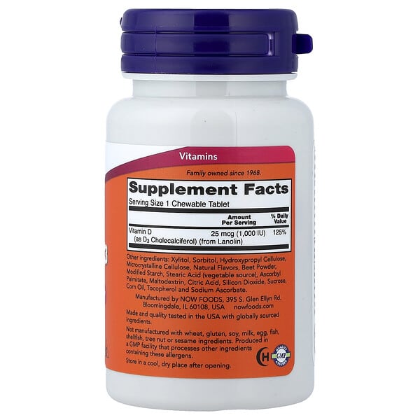 Alternative view of NOW Foods, Chewable Vitamin D-3, Fruit, 25 mcg (1,000 IU), 180 Chewables