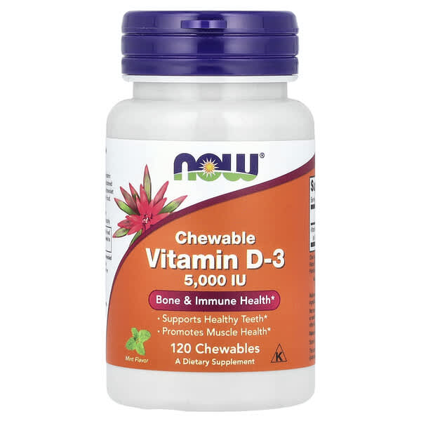 NOW Foods, Chewable Vitamin D-3, Mint, 5,000 IU, 120 Chewables
