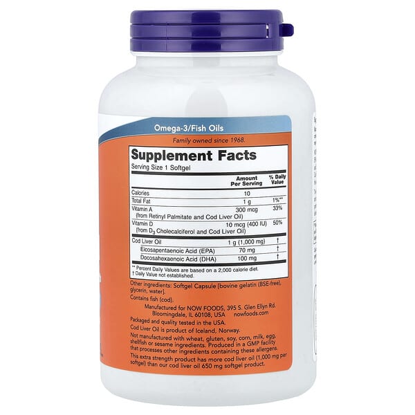 Alternative view of NOW Foods, Cod Liver Oil, 1,000 mg, 180 Softgels