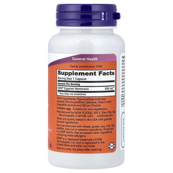 Alternative view of NOW Foods, Eggshell Membrane, 500 mg, 60 Capsules