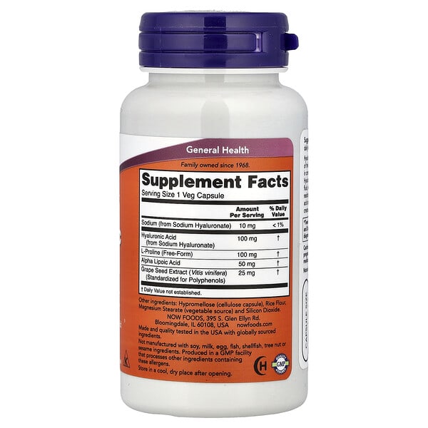Alternative view of NOW Foods, Hyaluronic Acid With L-Proline, Alpha Lipoic Acid and Grape Seed Extract, 100 mg, 60 Veg Capsules