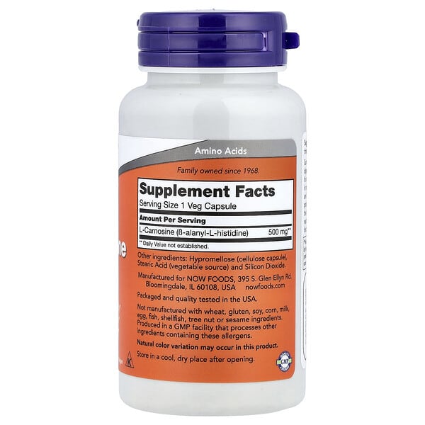 Alternative view of NOW Foods, L-Carnosine, 500 mg, 50 Veg Capsules