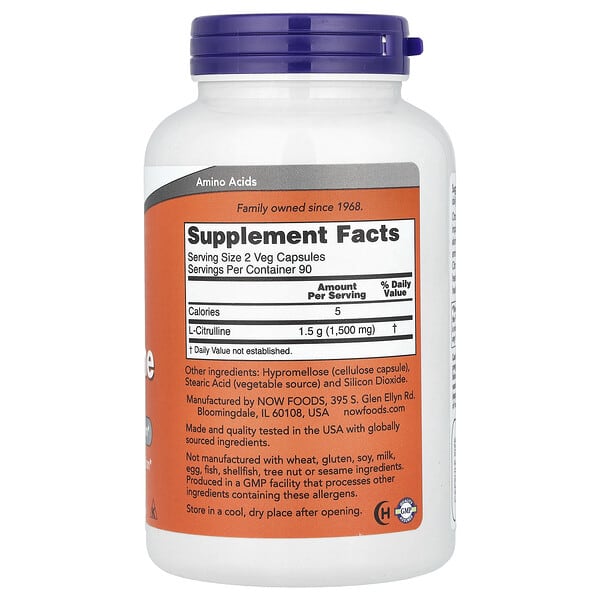 Alternative view of NOW Foods, L-Citrulline, 750 mg, 180 Veg Capsules