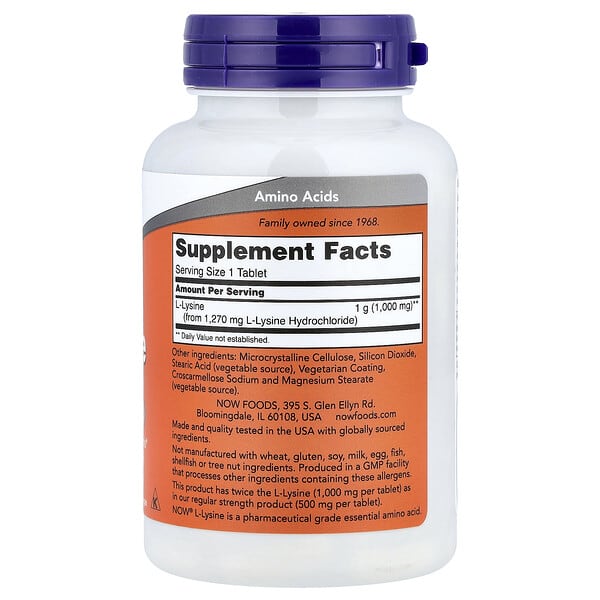Alternative view of NOW Foods, L-Lysine, 1,000 mg, 100 Tablets