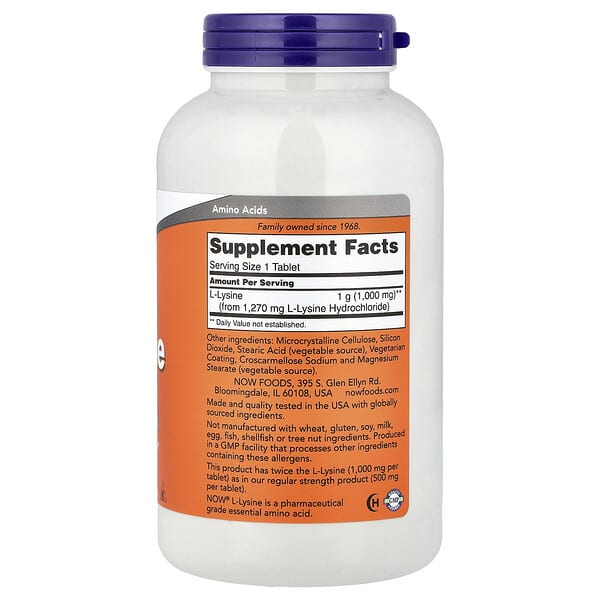 Alternative view of NOW Foods, L-Lysine, 1,000 mg, 250 Tablets