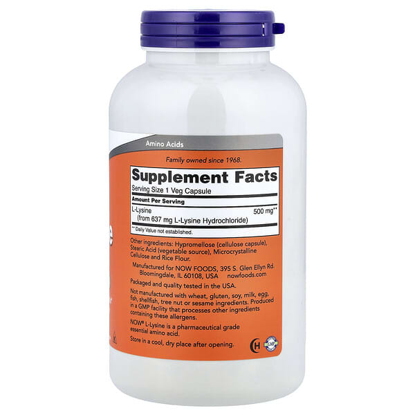 Alternative view of NOW Foods, L-Lysine, 500 mg, 250 Veg Capsules