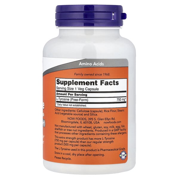 Alternative view of NOW Foods, L-Tyrosine, 750 mg, 90 Veg Capsules