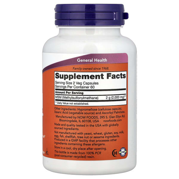 Alternative view of NOW Foods, MSM, Methylsulfonylmethane, 120 Veg Capsules (1,000 mg per Capsule)