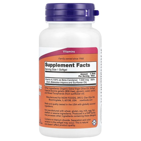 Alternative view of NOW Foods, Natural Beta Carotene, 7,500 mcg (25,000 IU), 90 Softgels