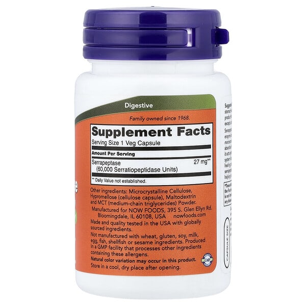 Alternative view of NOW Foods, Serrapeptase, 60 Veg Capsules (27 mg per Capsule)