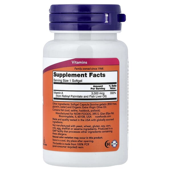 Alternative view of NOW Foods, Vitamin A, 3,000 mcg (10,000 IU), 100 Softgels