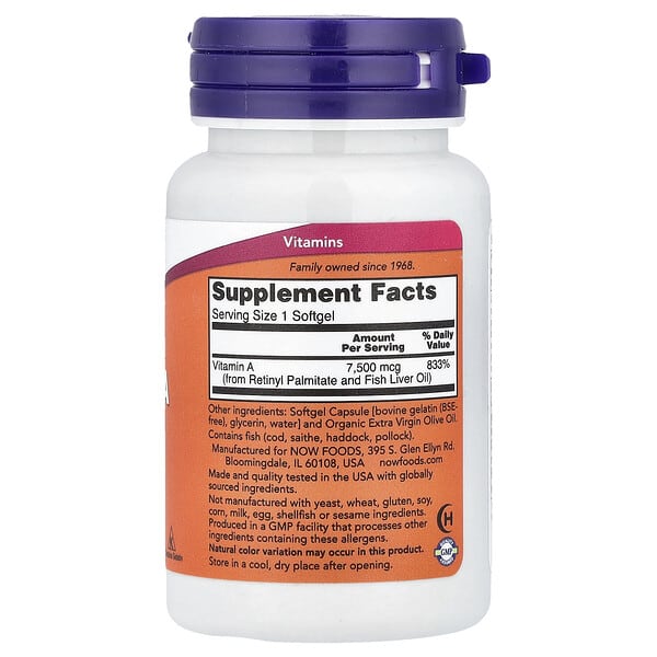 Alternative view of NOW Foods, Vitamin A, 7,500 mcg (25,000 IU), 100 Softgels