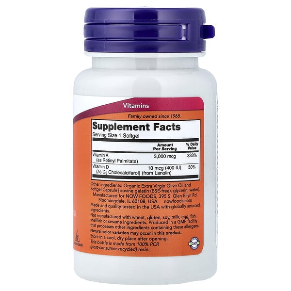 Alternative view of NOW Foods, Vitamin A&D, 100 Softgels