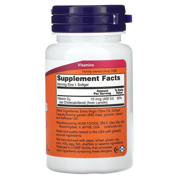 Alternative view of NOW Foods, Vitamin D-3, 400 IU, 180 Softgels