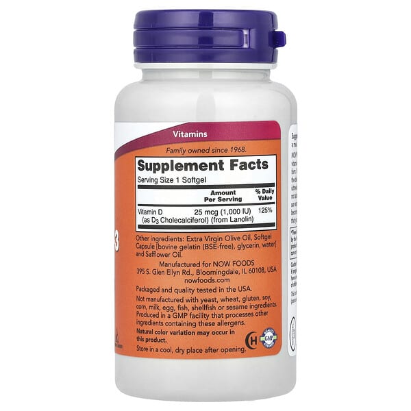 Alternative view of NOW Foods, Vitamin D-3, High Potency, 1,000 IU, 180 Softgels