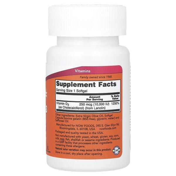 Alternative view of NOW Foods, Vitamin D-3, High Potency, 10,000 IU, 240 Softgels