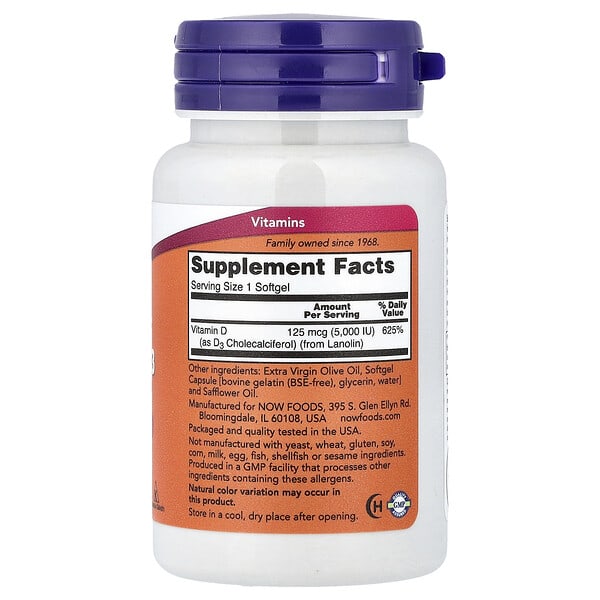 Alternative view of NOW Foods, Vitamin D-3, High Potency, 125 mcg (5,000 IU), 120 Softgels
