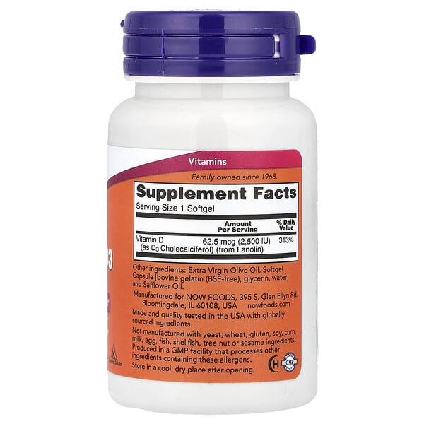 Alternative view of NOW Foods, Vitamin D3, 2,500 IU, 180 Softgels