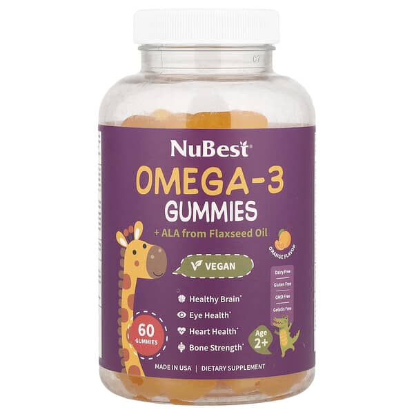 NuBest, Omega-3 Gummies + ALA from Flaxseed Oil, Age 2+, Orange, 60 Gummies