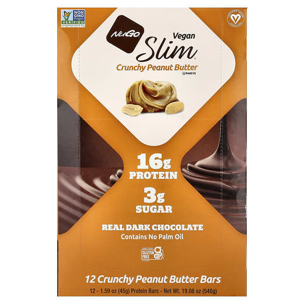 NuGo Nutrition, Slim®, Vegan Protein Bars, Crunchy Peanut Butter, 12 Bars, 1.59 oz (45 g) Each