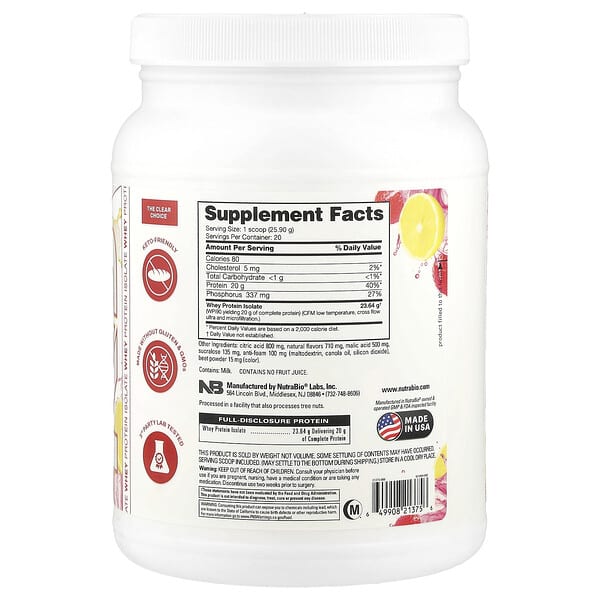 Alternative view of NutraBio, Clear Protein Powder, Whey Protein Isolate, Strawberry Lemonade, 1.2 lb (518 g)