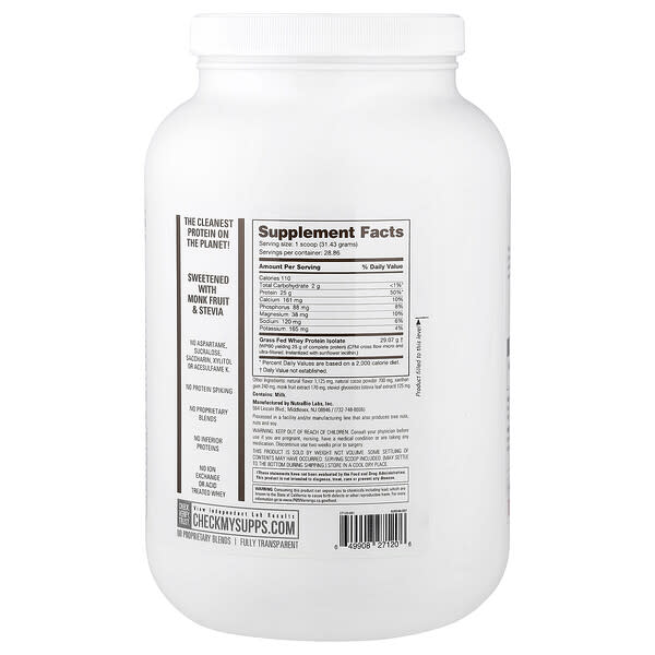 Alternative view of NutraBio, Grass Fed Whey Protein Isolate, Chocolate Milkshake, 2 lb (907 g)