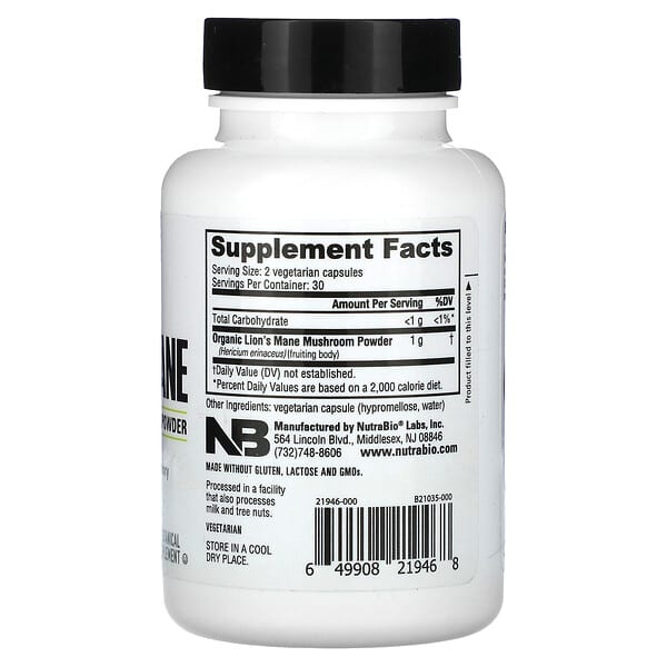 Alternative view of NutraBio, Organic Lions Mane, 60 Capsules (0.5 g per Capsule)