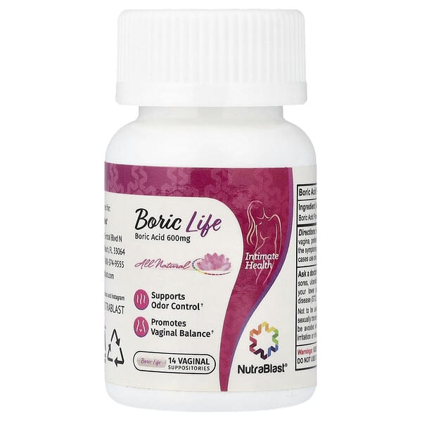 NutraBlast, Boric Life, Boric Acid, 600 mg, 14 Vaginal Suppositories