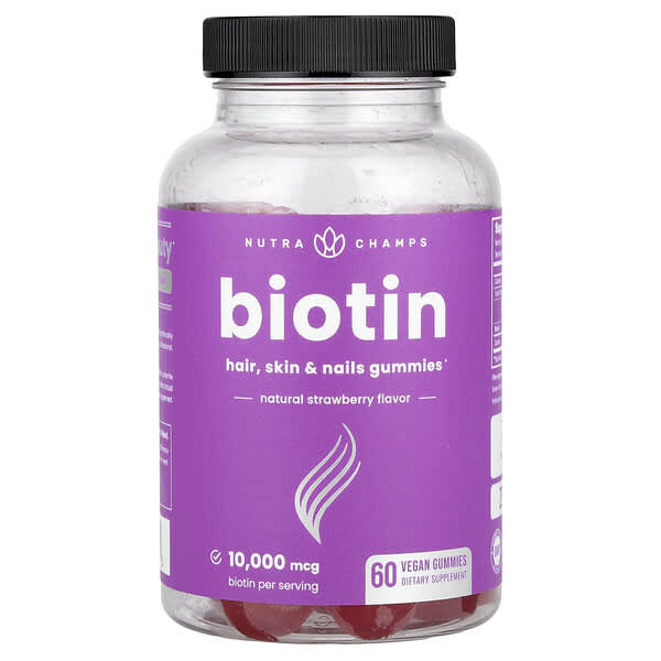 NutraChamps, Biotin Gummies, Natural Strawberry, 60 Vegan Gummies (5,000 mcg per Gummy)