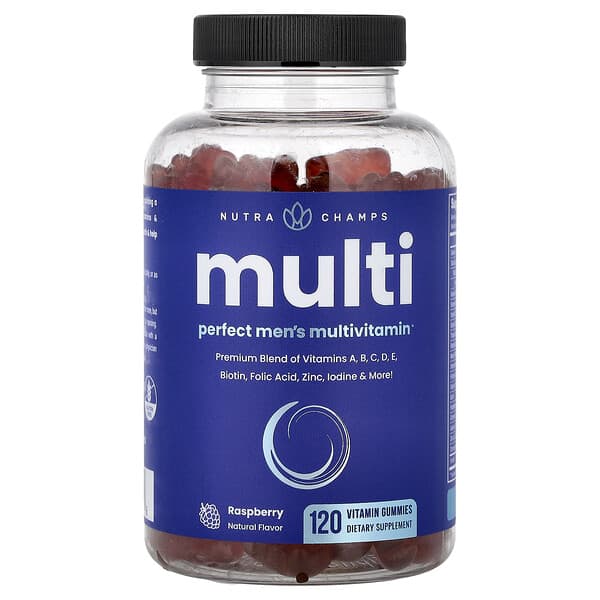 NutraChamps, Multi, Perfect Men's Multivitamin Gummies, Raspberry, 120 Vitamin Gummies