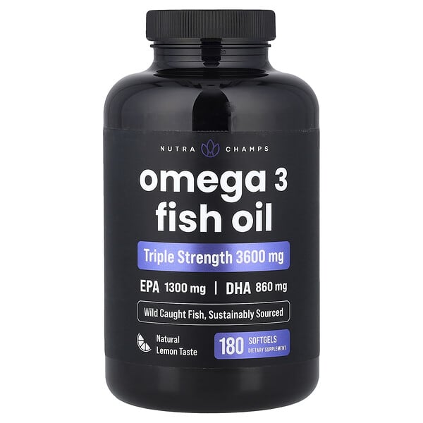 NutraChamps, Omega 3 Fish Oil, Natural Lemon, 180 Softgels (1,200 mg Per softgel)