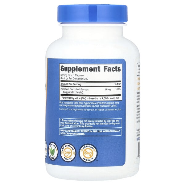 Alternative view of Nutricost, Iron Chelate From Ferrochel®, 18 mg, 240 Capsules