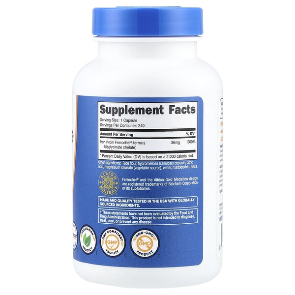 Alternative view of Nutricost, Iron Chelate From Ferrochel®, 36 mg, 240 Capsules