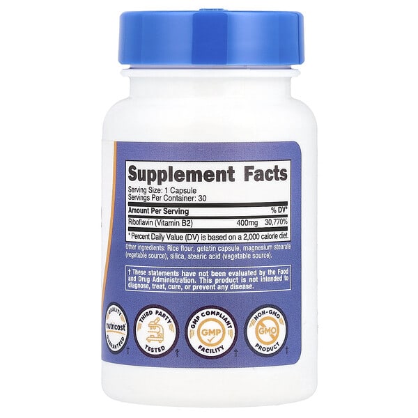 Alternative view of Nutricost, Vitamin B2, 400 mg, 30 Capsules