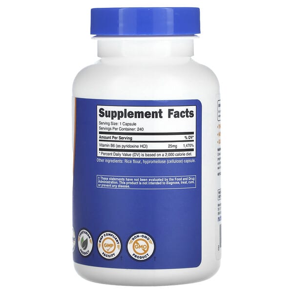 Alternative view of Nutricost, Vitamin B6, Pyridoxine HCl, 25 mg, 240 Capsules