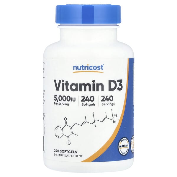 Nutricost, Vitamin D3, 125 mcg (5,000 IU), 240 Softgels