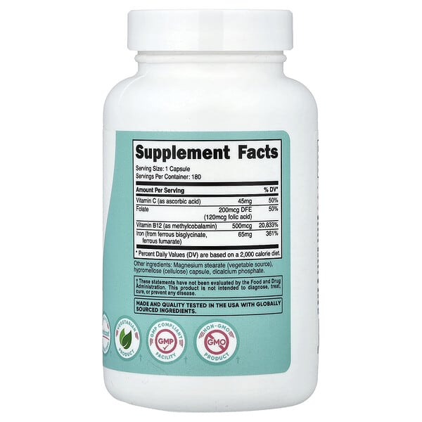 Alternative view of Nutricost, Women, Iron With Vitamin C, Folate, & Vitamin B12, 180 Capsules