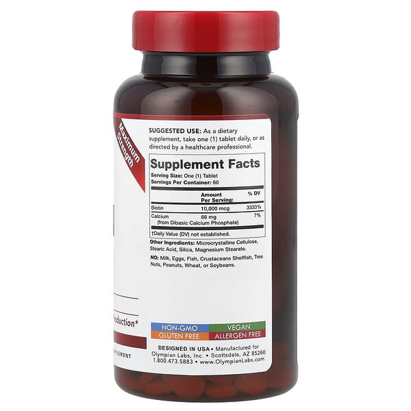 Alternative view of Olympian Labs, Biotin, Maximum Strength, 10,000 mcg, 60 Tablets