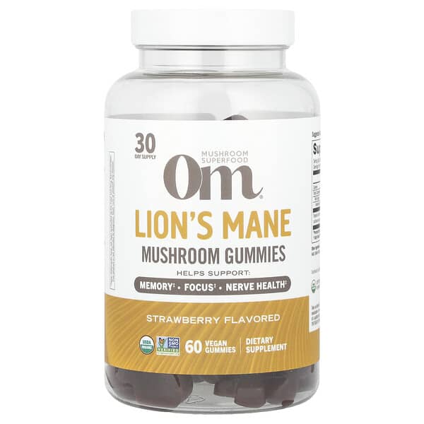 Om Mushrooms, Lion's Mane Mushroom Gummies, Strawberry, 60 Vegan Gummies (0.5 g per Gummy)