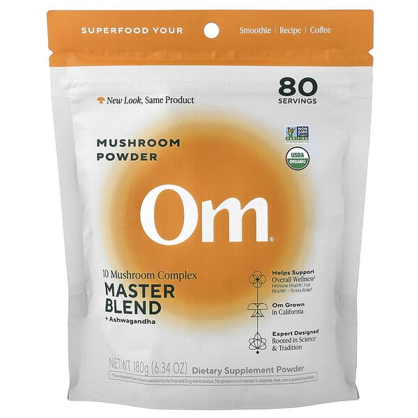 Om Mushrooms, Mushroom Powder, 10 Mushroom Complex, Master Blend + Ashwagandha, 6.34 oz (180 g)