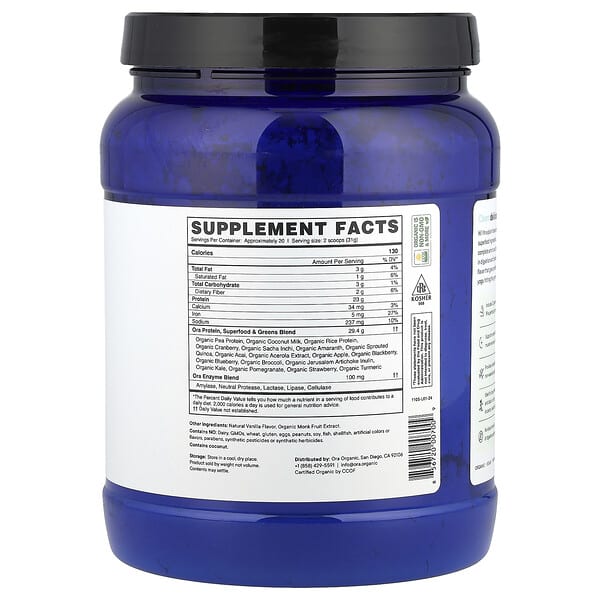 Alternative view of Ora, So Lean & So Clean, Daily Superfood Plant Protein, Vanilla, 21.8 oz (618 g)