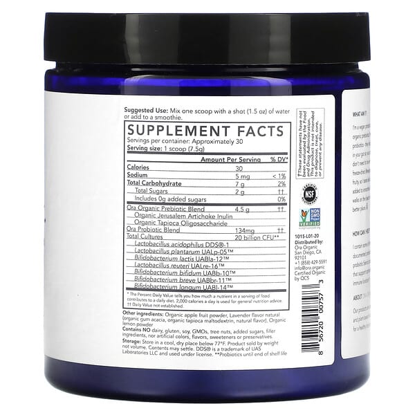 Alternative view of Ora, Trust Your Gut, Vegan Probiotic & Prebiotic Powder, Lavender Lemonade, 20 Billion, 7.9 oz (225 g)