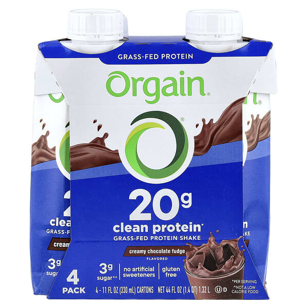 Orgain, Clean Grass-Fed Protein Shake, Creamy Chocolate Fudge, 4 Pack, 11 fl oz (330 ml) Each